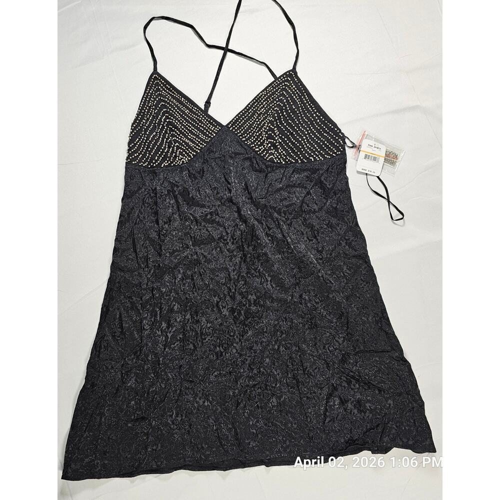 Free People NWT Black Beaded Babydoll Tank Top Strappy Back Small